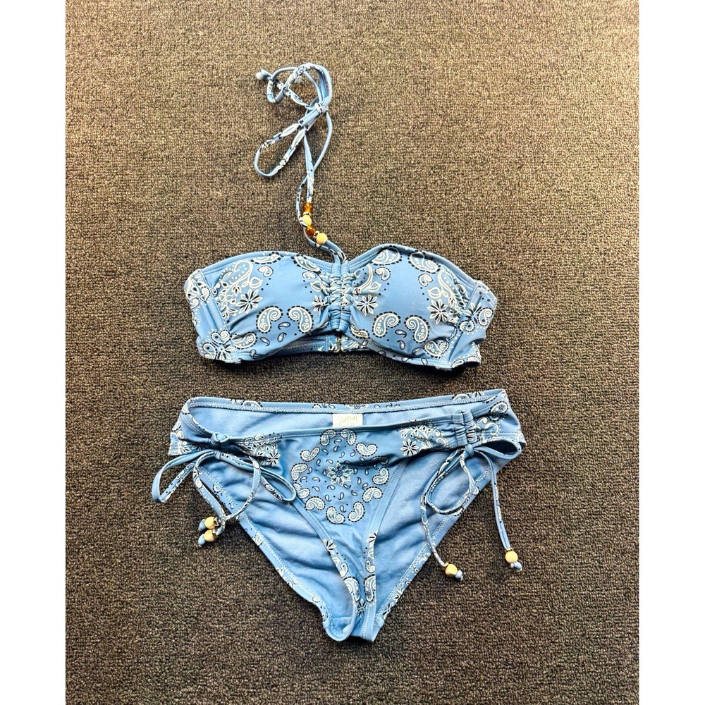 Wild Fable Women's 2-Piece Bandeau Halter Bikini Set Paisley Blue White XS